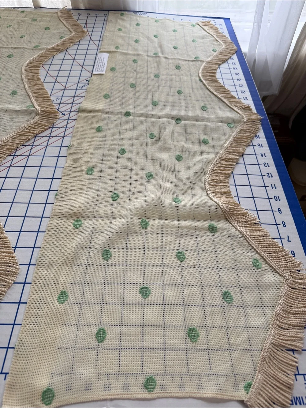 Antique 1920s 1930s Valances Set of 3 Fringed Plaid Green Dot Window Curtains
